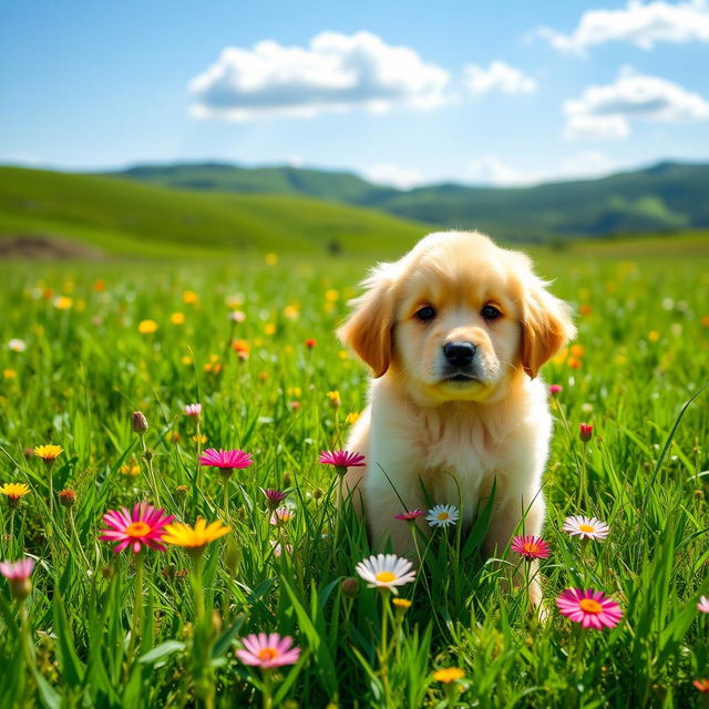 A fluffy golden retriever puppy sitting in a lush green meadow, surrounded by colorful wildflowers