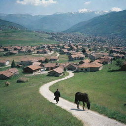 Kosovo in 1999, showcasing its vast landscapes, traditional Balkan architecture, and the resilient spirit of people amid the scars of war.