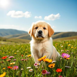 A fluffy golden retriever puppy sitting in a lush green meadow, surrounded by colorful wildflowers