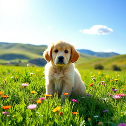 A fluffy golden retriever puppy sitting in a lush green meadow, surrounded by colorful wildflowers