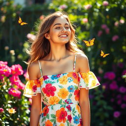 A young woman dressing in a vibrant and colorful floral summer dress, in an outdoor garden setting surrounded by blooming flowers and lush greenery, her expression joyful and carefree