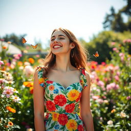 A young woman dressing in a vibrant and colorful floral summer dress, in an outdoor garden setting surrounded by blooming flowers and lush greenery, her expression joyful and carefree