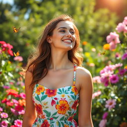 A young woman dressing in a vibrant and colorful floral summer dress, in an outdoor garden setting surrounded by blooming flowers and lush greenery, her expression joyful and carefree