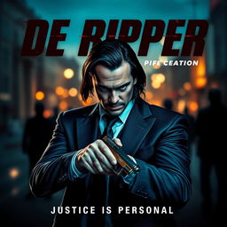 A captivating action movie poster titled "De Ripper" featuring a stern, determined protagonist in the vein of iconic action heroes like Bryan Mills from TAKEN or John Wick