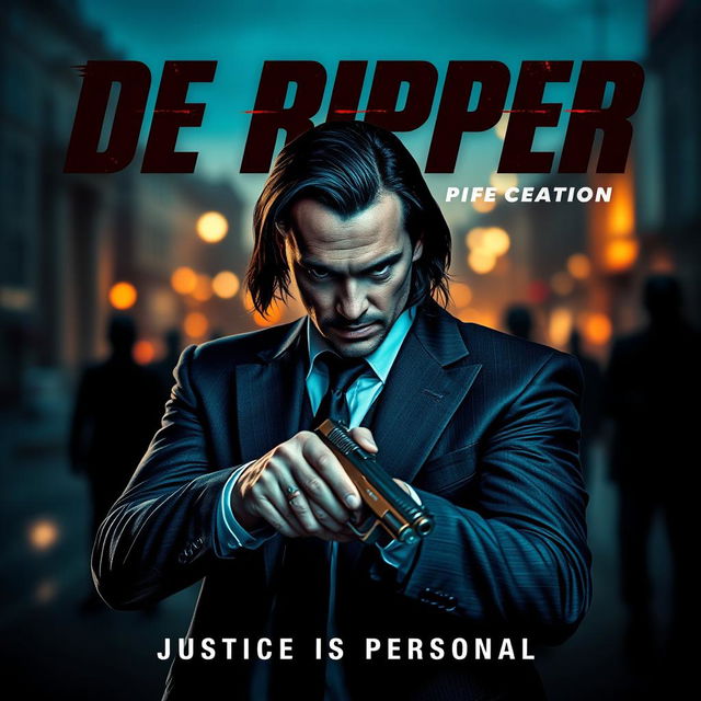 A captivating action movie poster titled "De Ripper" featuring a stern, determined protagonist in the vein of iconic action heroes like Bryan Mills from TAKEN or John Wick