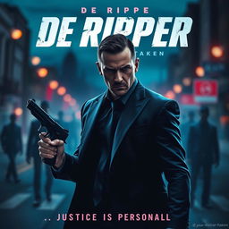 A captivating action movie poster titled "De Ripper" featuring a stern, determined protagonist in the vein of iconic action heroes like Bryan Mills from TAKEN or John Wick