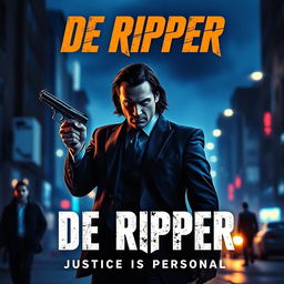 A captivating action movie poster titled "De Ripper" featuring a stern, determined protagonist in the vein of iconic action heroes like Bryan Mills from TAKEN or John Wick