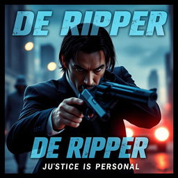 A captivating action movie poster titled "De Ripper" featuring a stern, determined protagonist in the vein of iconic action heroes like Bryan Mills from TAKEN or John Wick