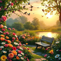 A serene and lush landscape depicting a vibrant flower garden at sunrise, with a myriad of colorful blooms including roses, tulips, and daisies