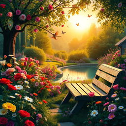 A serene and lush landscape depicting a vibrant flower garden at sunrise, with a myriad of colorful blooms including roses, tulips, and daisies