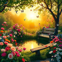 A serene and lush landscape depicting a vibrant flower garden at sunrise, with a myriad of colorful blooms including roses, tulips, and daisies