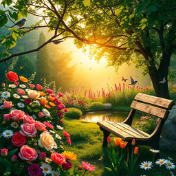 A serene and lush landscape depicting a vibrant flower garden at sunrise, with a myriad of colorful blooms including roses, tulips, and daisies