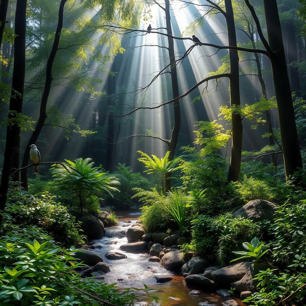 A scene in the middle of a thick forest with rays of sunlight piercing through the trees, illuminating the vibrant green foliage and a small, tranquil stream flowing gently over smooth rocks