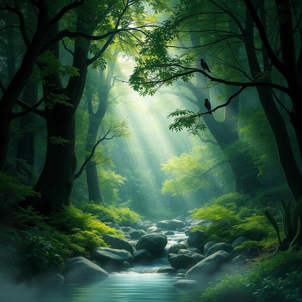 A scene in the middle of a thick forest with rays of sunlight piercing through the trees, illuminating the vibrant green foliage and a small, tranquil stream flowing gently over smooth rocks