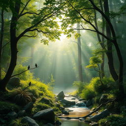 A scene in the middle of a thick forest with rays of sunlight piercing through the trees, illuminating the vibrant green foliage and a small, tranquil stream flowing gently over smooth rocks