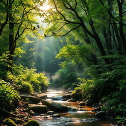 A scene in the middle of a thick forest with rays of sunlight piercing through the trees, illuminating the vibrant green foliage and a small, tranquil stream flowing gently over smooth rocks