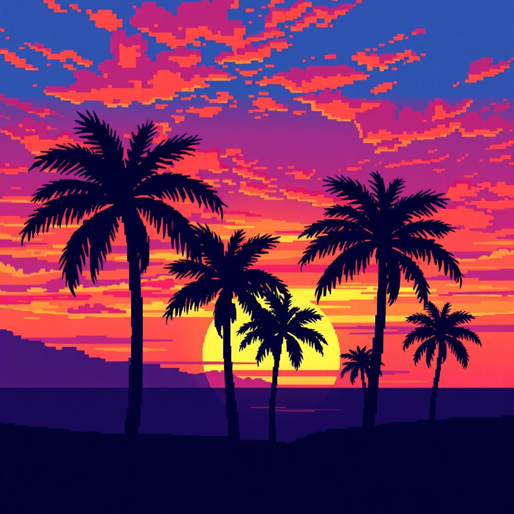 A pixel art scene capturing palm trees silhouetted against a stunning sunset