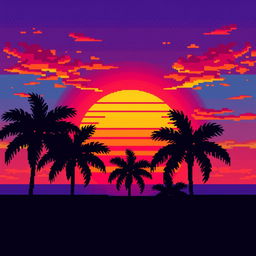 A pixel art scene capturing palm trees silhouetted against a stunning sunset