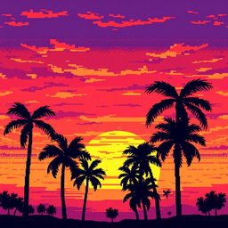 A pixel art scene capturing palm trees silhouetted against a stunning sunset