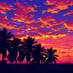 A pixel art scene capturing palm trees silhouetted against a stunning sunset