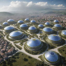 Kosovo in 2070, with futuristic cities blending in harmoniously with lush landscapes, technological advancements co-existing with traditionally grounded culture, and solar-powered buildings honoring their Balkan architectural heritage.