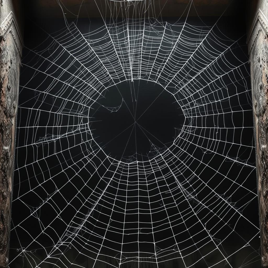 A spider floor with a bottomless appearance, resembling a floor covered entirely with intricate cobweb patterns extending infinitely downward, creating the illusion of an endless descent