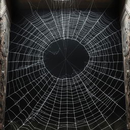 A spider floor with a bottomless appearance, resembling a floor covered entirely with intricate cobweb patterns extending infinitely downward, creating the illusion of an endless descent