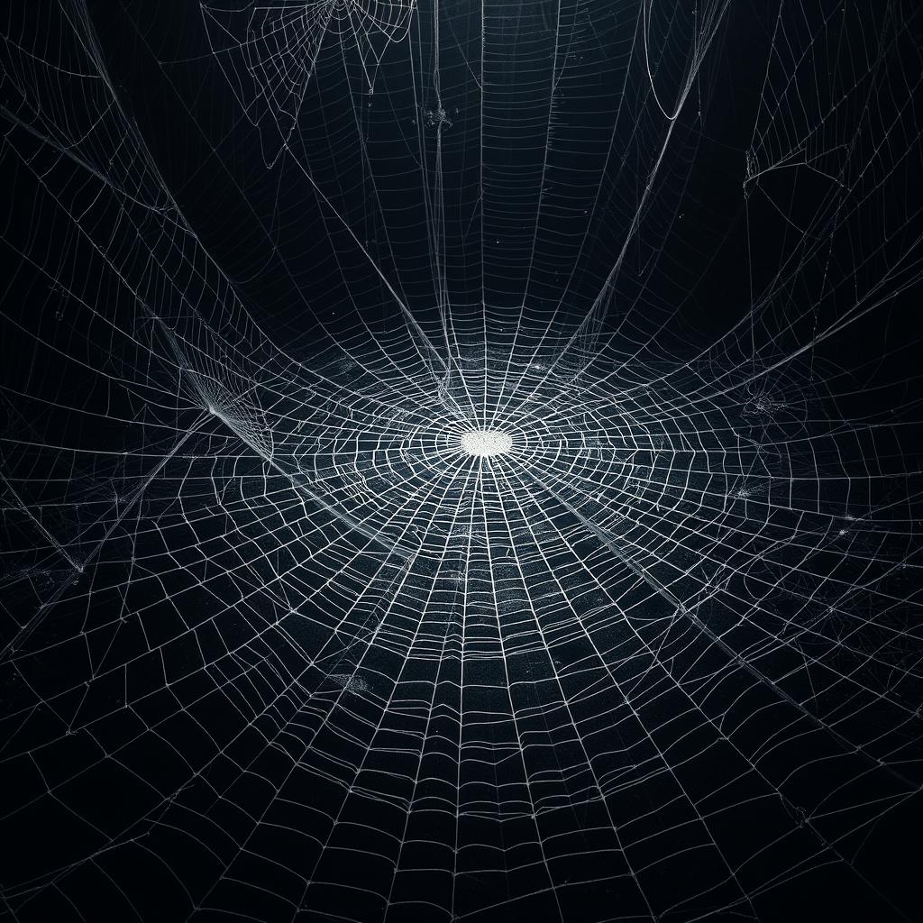 A spider floor with a bottomless appearance, resembling a floor covered entirely with intricate cobweb patterns extending infinitely downward, creating the illusion of an endless descent