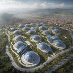 Kosovo in 2070, with futuristic cities blending in harmoniously with lush landscapes, technological advancements co-existing with traditionally grounded culture, and solar-powered buildings honoring their Balkan architectural heritage.