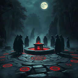 a dark fantasy scene depicting a blood ritual for a role-playing game, set in an ancient stone circle with glowing runes on the ground