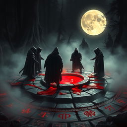 a dark fantasy scene depicting a blood ritual for a role-playing game, set in an ancient stone circle with glowing runes on the ground