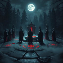 a dark fantasy scene depicting a blood ritual for a role-playing game, set in an ancient stone circle with glowing runes on the ground