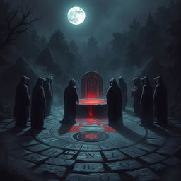 a dark fantasy scene depicting a blood ritual for a role-playing game, set in an ancient stone circle with glowing runes on the ground