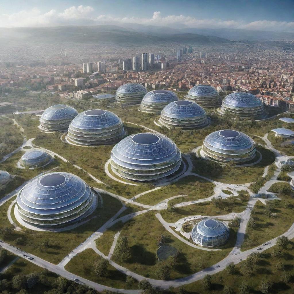 Kosovo in 2070, with futuristic cities blending in harmoniously with lush landscapes, technological advancements co-existing with traditionally grounded culture, and solar-powered buildings honoring their Balkan architectural heritage.