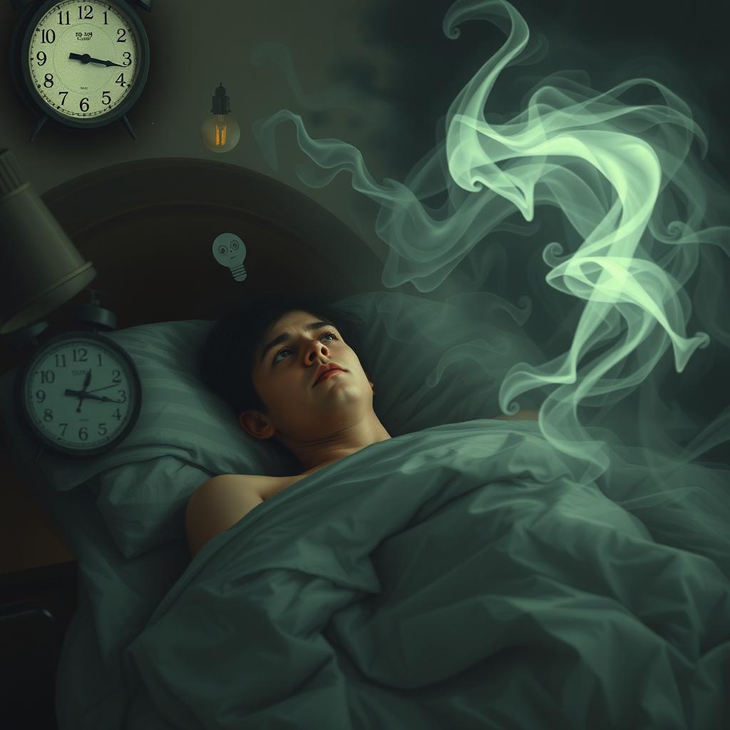 A surreal, dream-like scene depicting a person lying awake in bed during the early morning hours, around 2:51 am