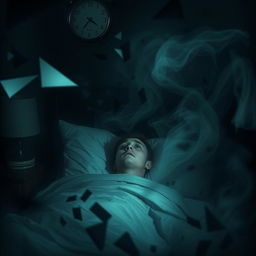 A surreal, dream-like scene depicting a person lying awake in bed during the early morning hours, around 2:51 am