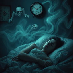 A surreal, dream-like scene depicting a person lying awake in bed during the early morning hours, around 2:51 am