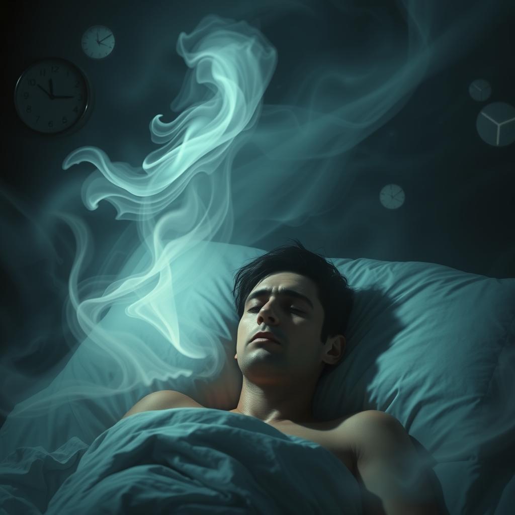 A surreal, dream-like scene depicting a person lying awake in bed during the early morning hours, around 2:51 am