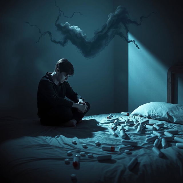 A poignant, introspective scene of a person sitting on the edge of a bed, surrounded by an atmosphere symbolizing inner turmoil and a noisy mind