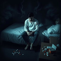 A poignant, introspective scene of a person sitting on the edge of a bed, surrounded by an atmosphere symbolizing inner turmoil and a noisy mind