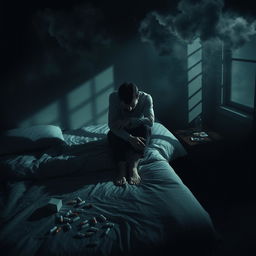 A poignant, introspective scene of a person sitting on the edge of a bed, surrounded by an atmosphere symbolizing inner turmoil and a noisy mind