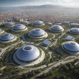 Kosovo in 2070, with futuristic cities blending in harmoniously with lush landscapes, technological advancements co-existing with traditionally grounded culture, and solar-powered buildings honoring their Balkan architectural heritage.