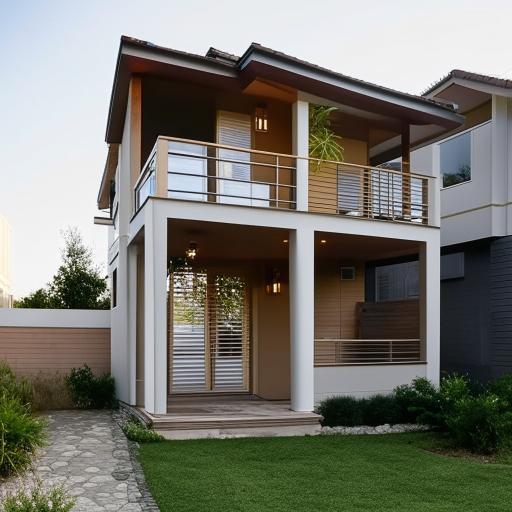 A picturesque two-storey house designed for a family of four, featuring cozy interiors, a spacious backyard playground, and an outdoor parking area.