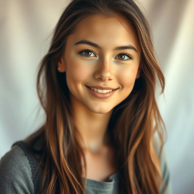 A portrait of a young woman with delicate features and a warm expression