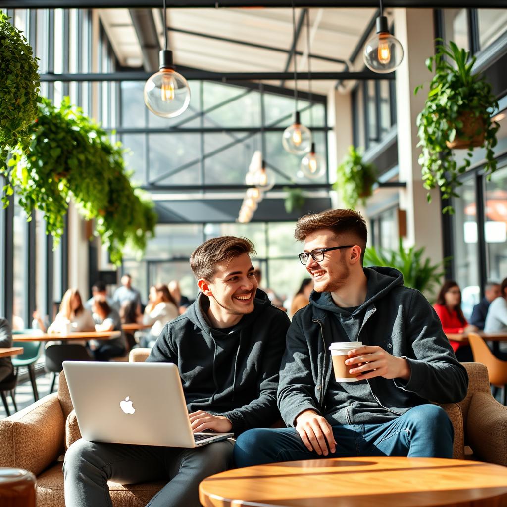 two young men sitting in a vibrant, modern coffee shop