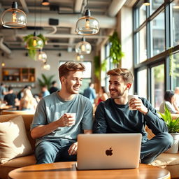 two young men sitting in a vibrant, modern coffee shop