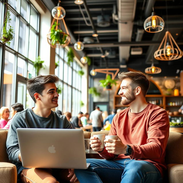 two young men sitting in a vibrant, modern coffee shop