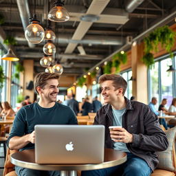 two young men sitting in a vibrant, modern coffee shop