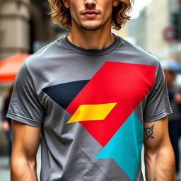 A stylish and modern t-shirt with a graphic design featuring bold geometric shapes and vibrant colors