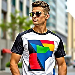 A stylish and modern t-shirt with a graphic design featuring bold geometric shapes and vibrant colors